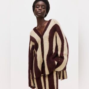 H&M Edition Burgundy, light beige/zebra print Mohair Blend Cardigan. NWT S & M